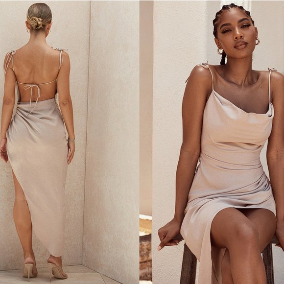 House of CB 'Soluna' Sand Thigh Split Draped Maxi Dress NWOT - Picture 4 of 12
